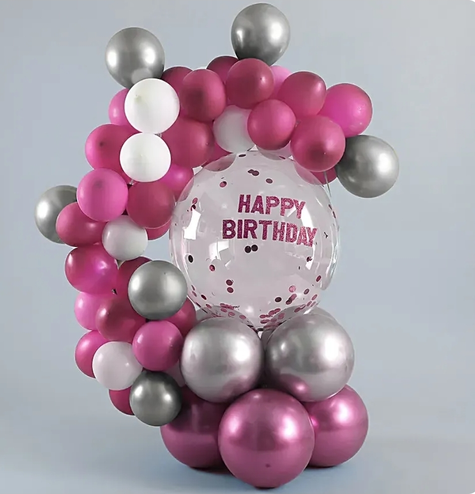 Happy B'day Pink & Silver Balloon Bouquet