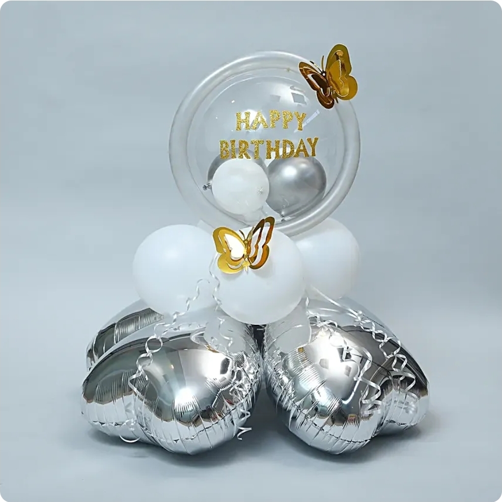 White & Silver Birthday Balloon Arrangement
